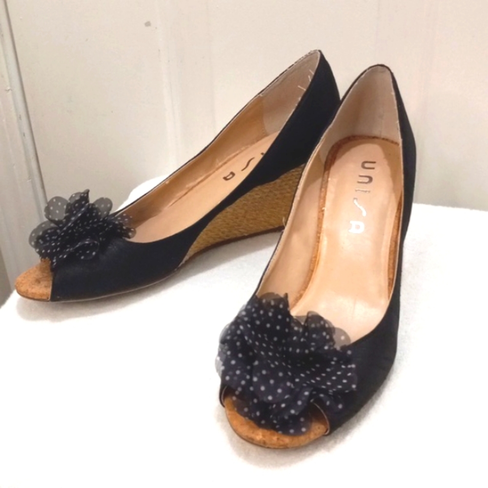 Unisa Black Peep-Toe Wedge Heels with Polka Dot Flower